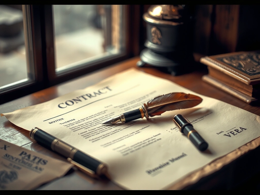 Document contractuel ancien sur un bureau en bois clair